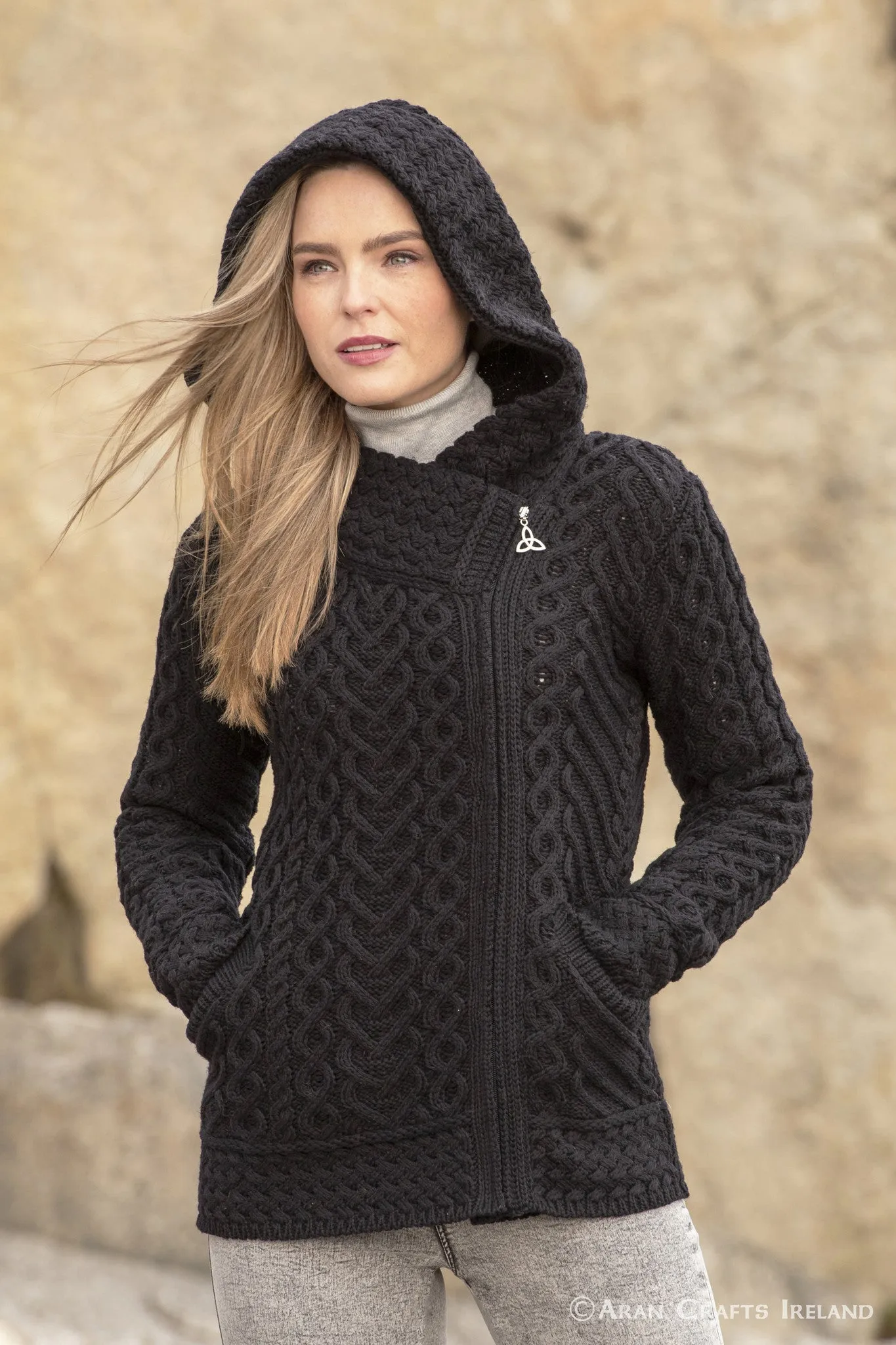 Aran Crafts Side Zip Hooded Cardigan | Black
