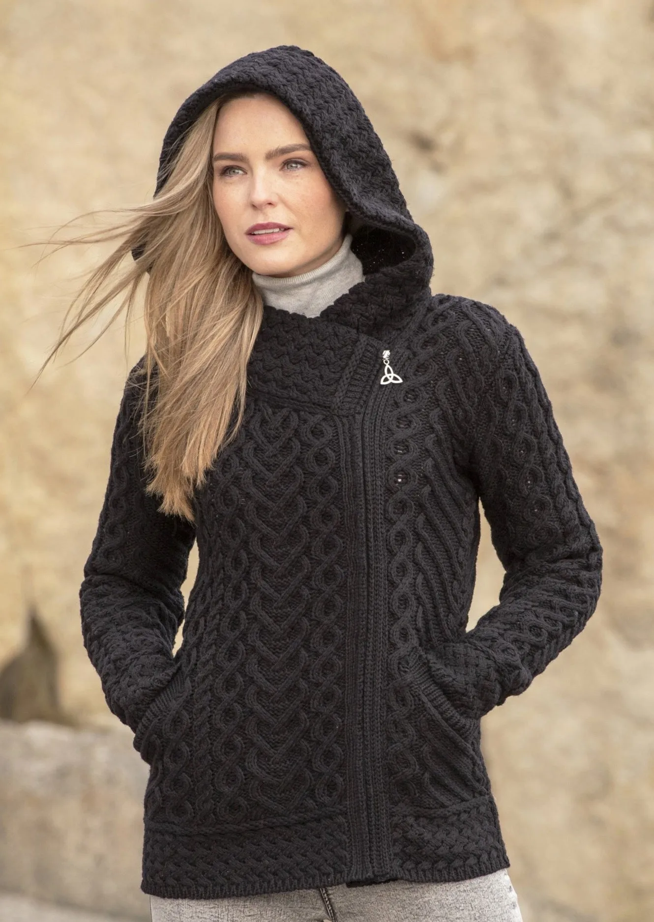 Aran Crafts Side Zip Hooded Cardigan | Black