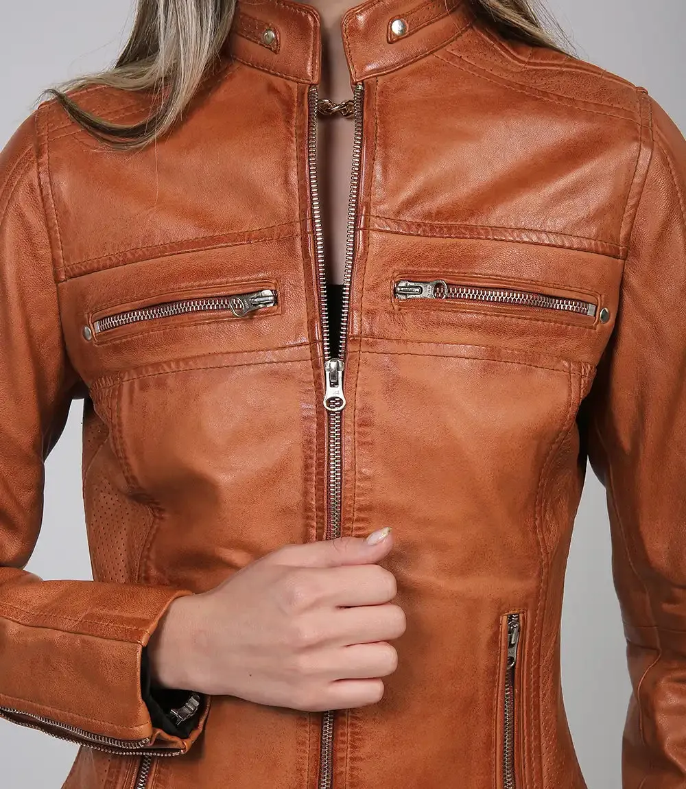 Austin Tan Motorcycle Leather Jacket for Women