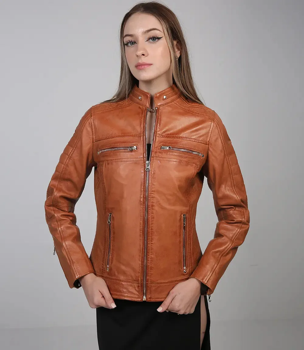 Austin Tan Motorcycle Leather Jacket for Women