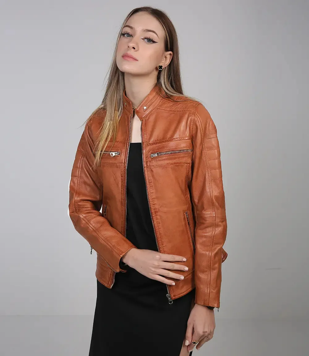 Austin Tan Motorcycle Leather Jacket for Women