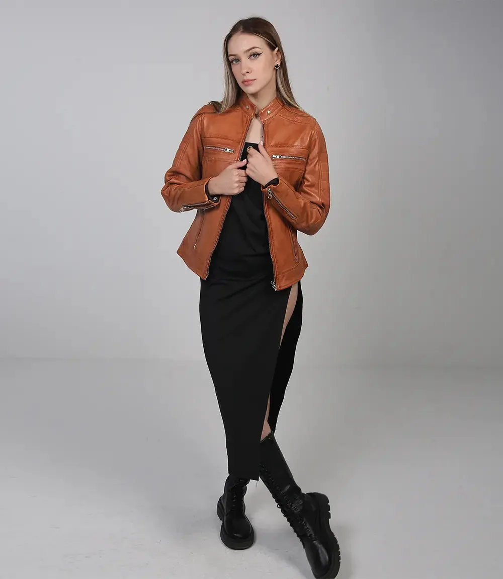Austin Tan Motorcycle Leather Jacket for Women