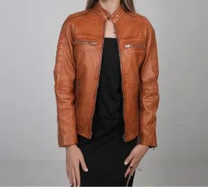 Austin Tan Motorcycle Leather Jacket for Women