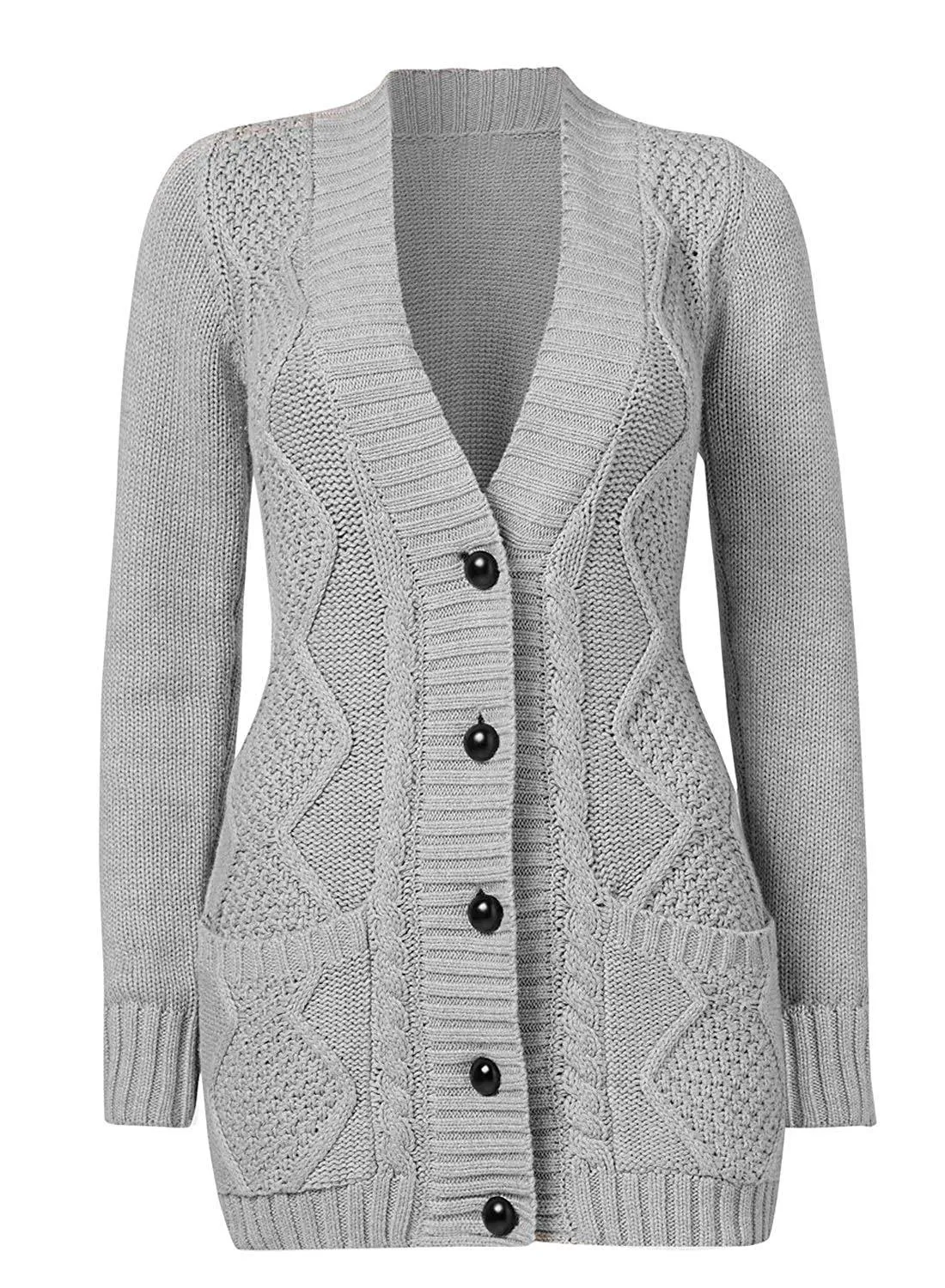 Autumn Style Deep V-neck Buttons Pockets Long Women Cardigan