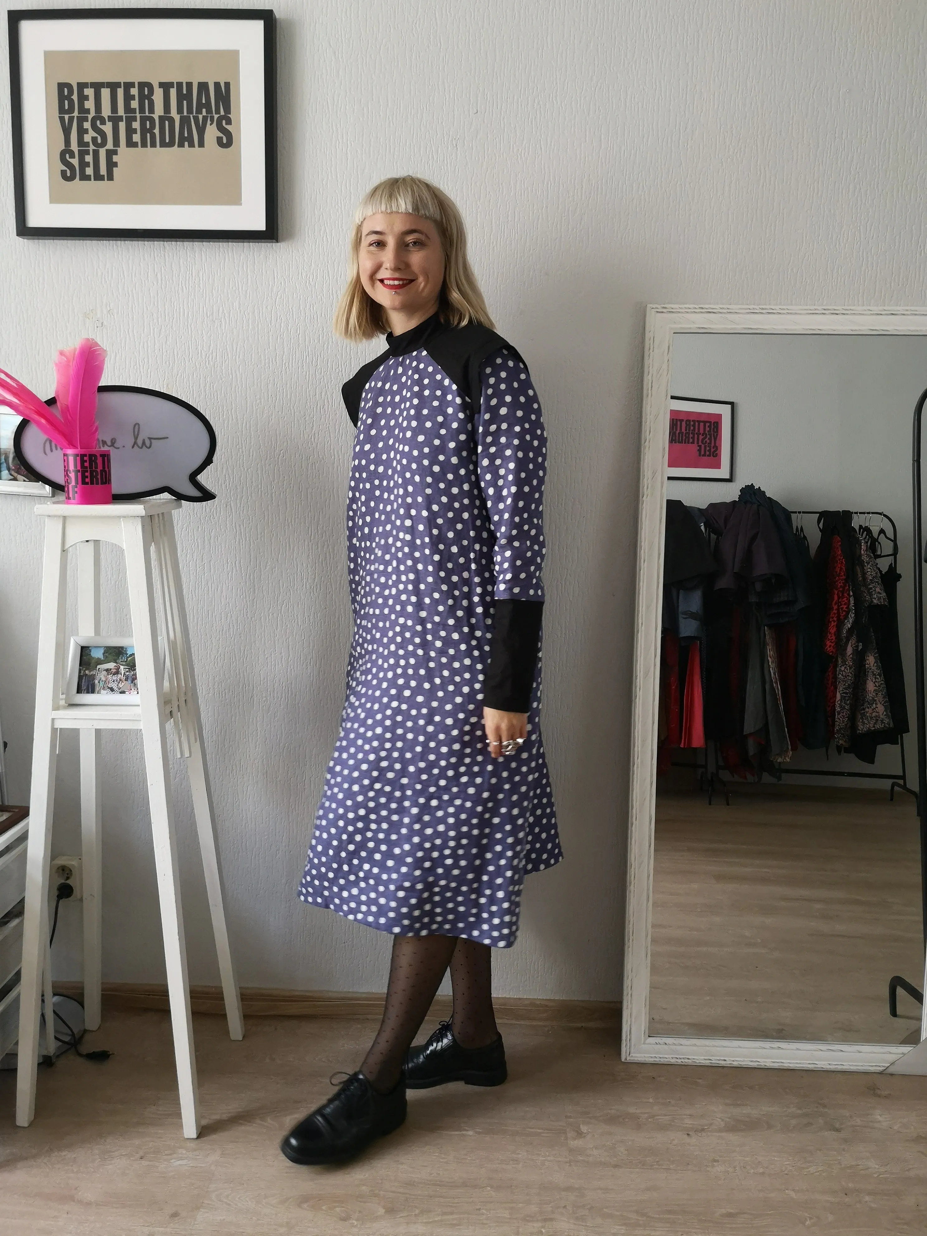 Beautiful and Special Light Purple Polka Dotted Midi Linen Space Warrior Princess Dress with Black Linen Details