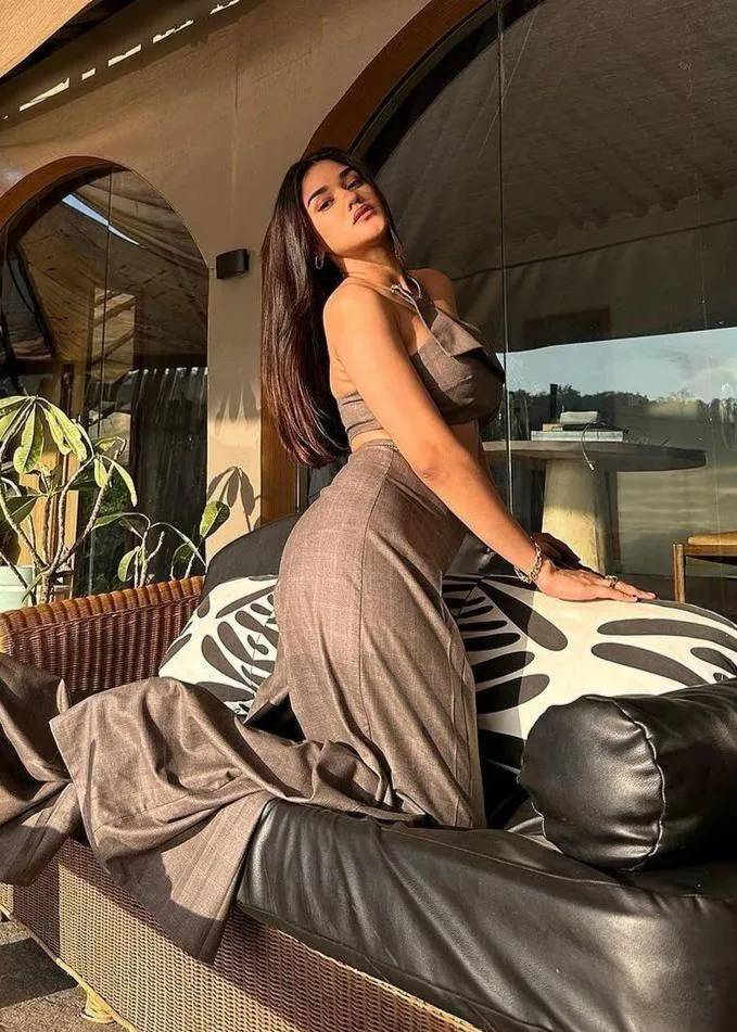 Belindaa Brown Halter Crop Top and Wide Leg Pants Set CL