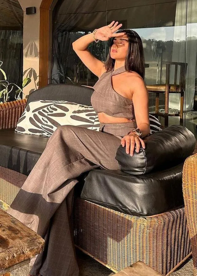 Belindaa Brown Halter Crop Top and Wide Leg Pants Set CL