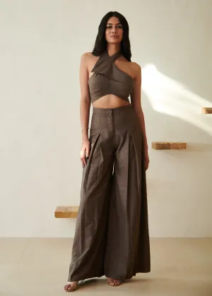 Belindaa Brown Halter Crop Top and Wide Leg Pants Set CL