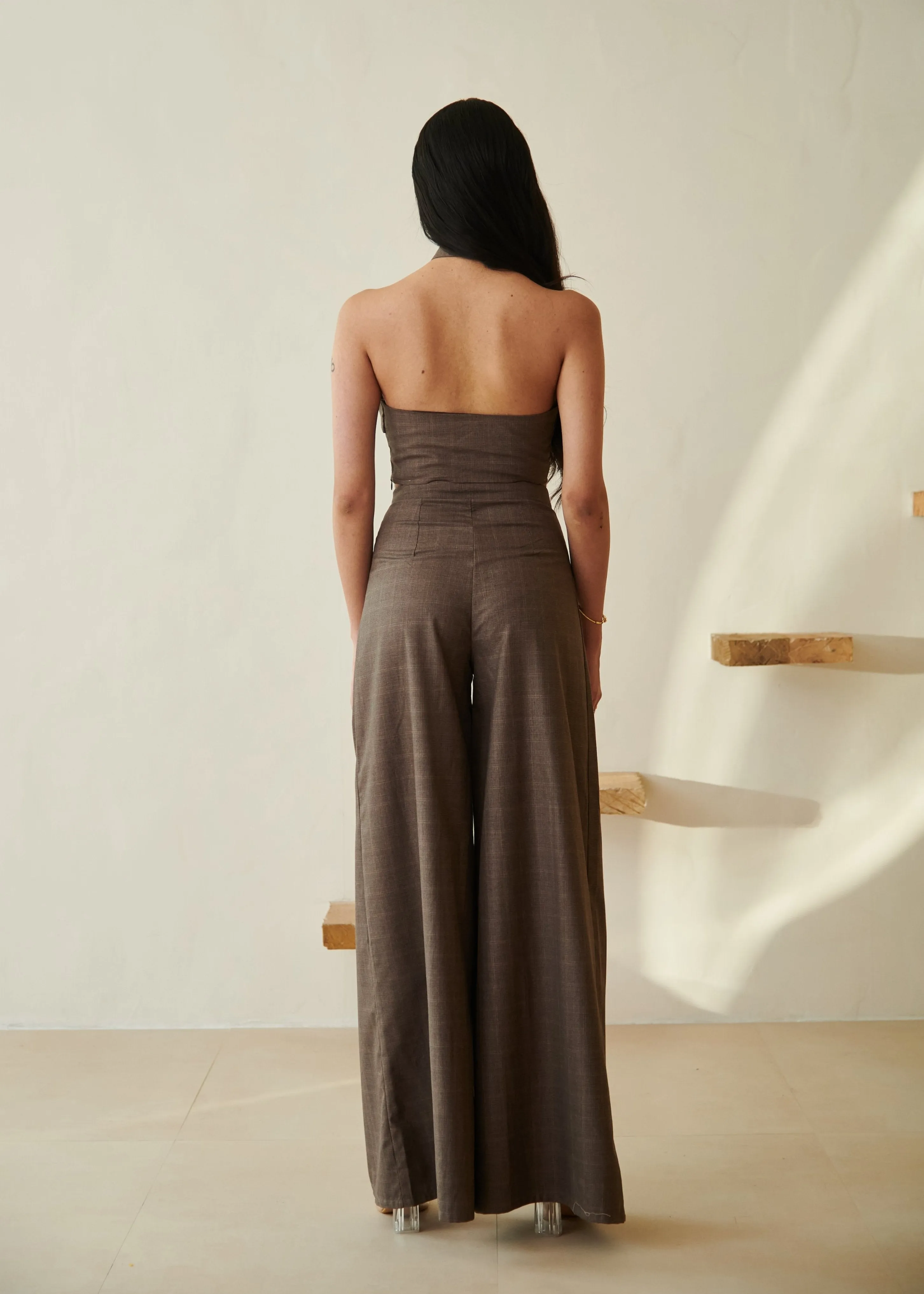 Belindaa Brown Halter Crop Top and Wide Leg Pants Set CL