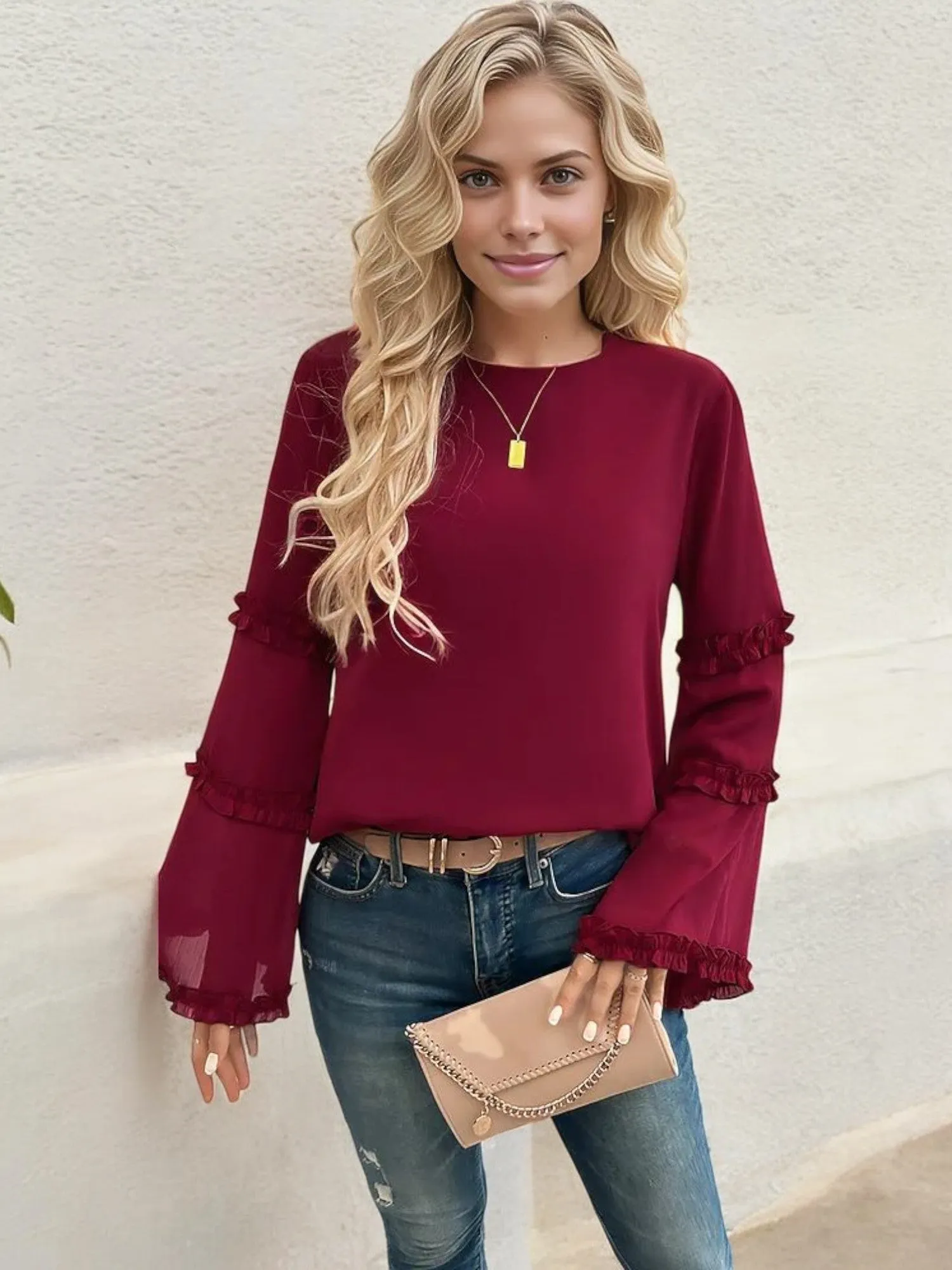 Bell Sleeve Top with Ruffle Trim Details and Crew Neckline