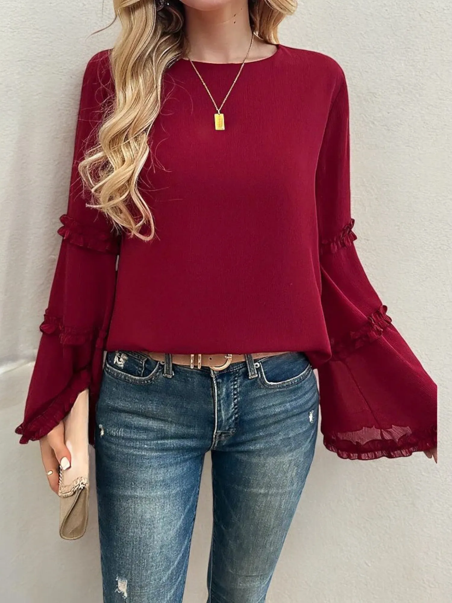 Bell Sleeve Top with Ruffle Trim Details and Crew Neckline