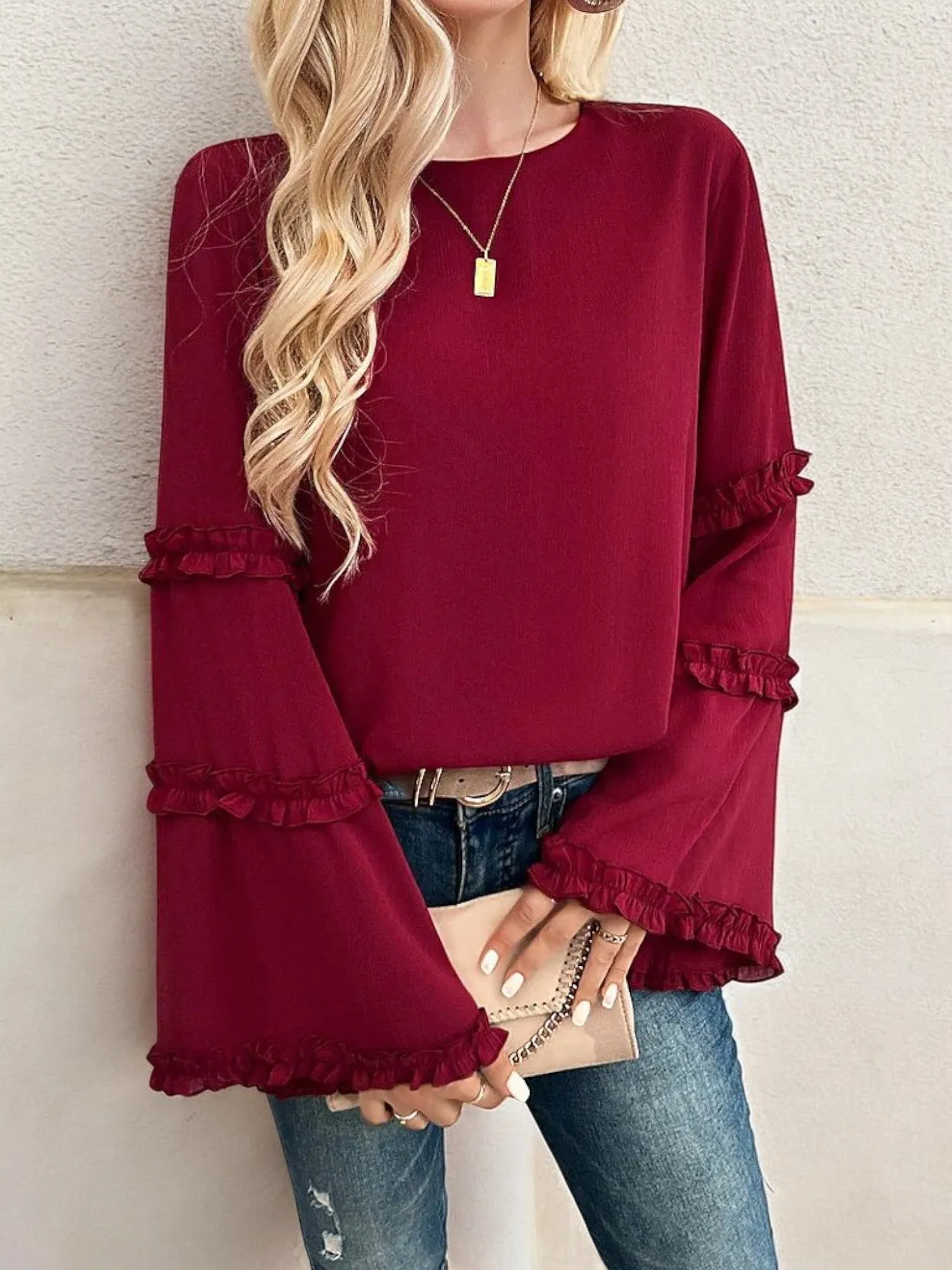 Bell Sleeve Top with Ruffle Trim Details and Crew Neckline