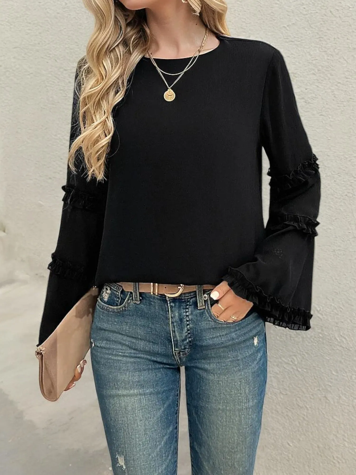 Bell Sleeve Top with Ruffle Trim Details and Crew Neckline