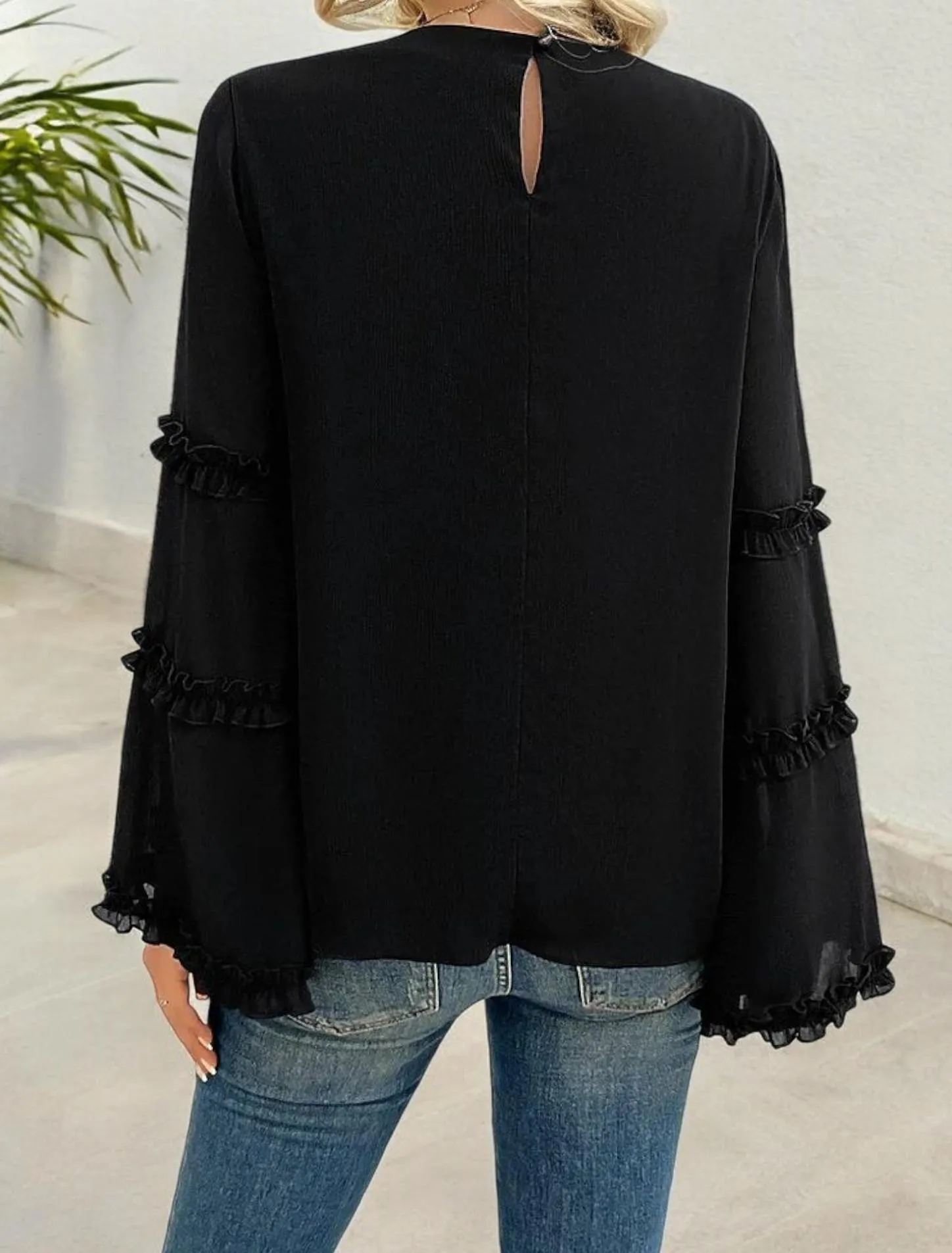 Bell Sleeve Top with Ruffle Trim Details and Crew Neckline