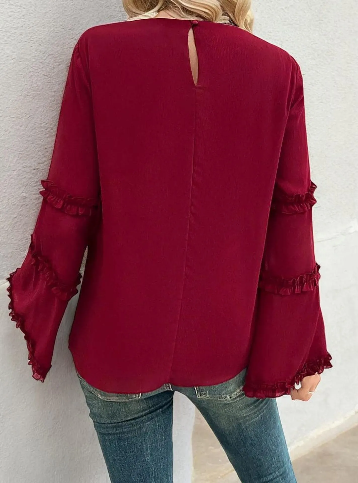 Bell Sleeve Top with Ruffle Trim Details and Crew Neckline