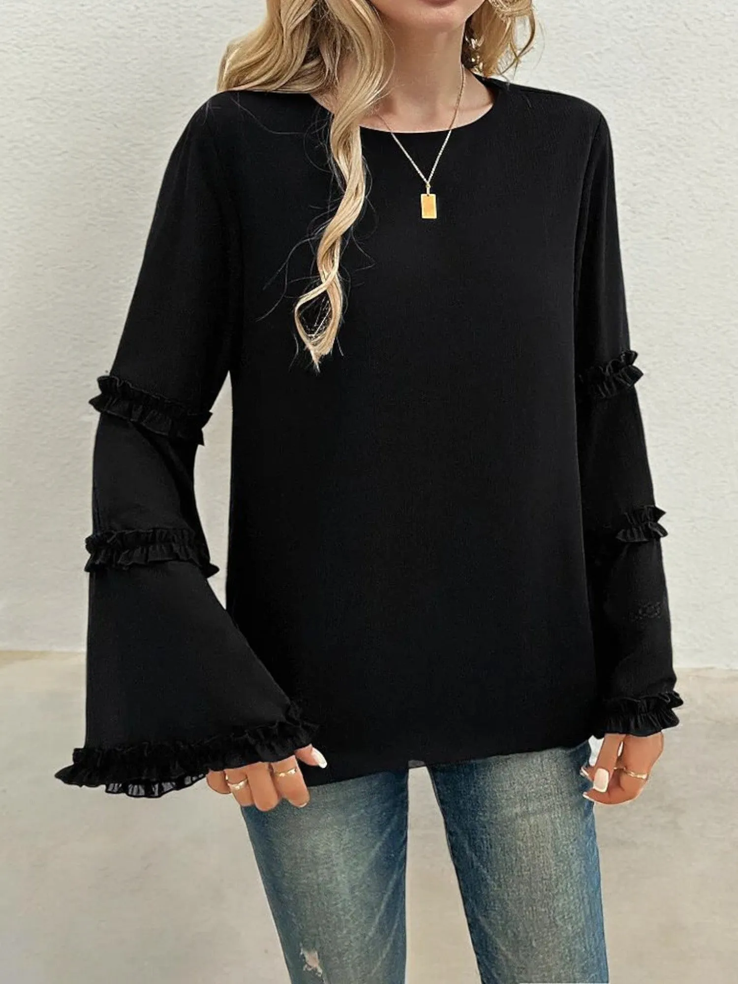 Bell Sleeve Top with Ruffle Trim Details and Crew Neckline