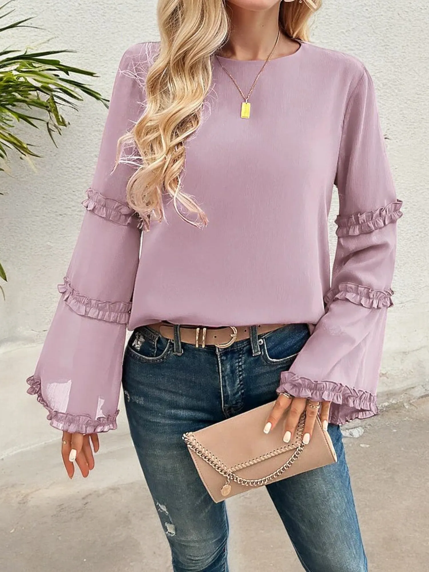 Bell Sleeve Top with Ruffle Trim Details and Crew Neckline