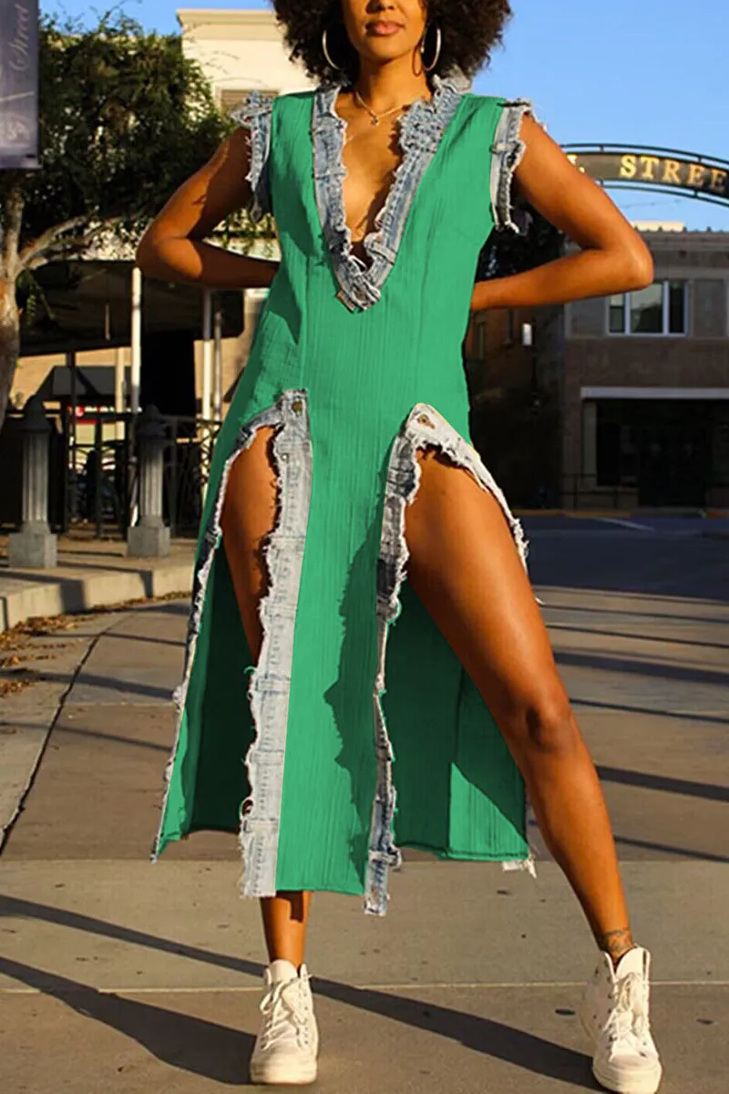 BL625 Deep V Denim Split Maxi Dress