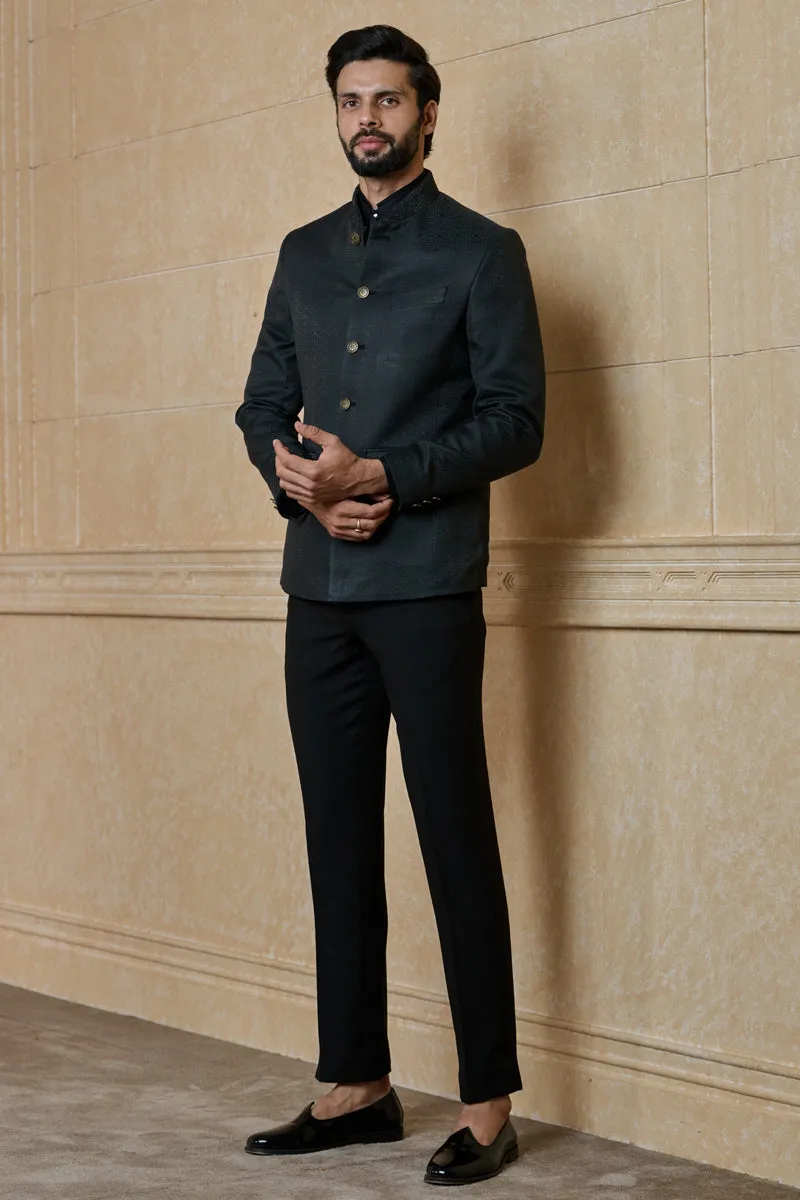 Black Classic Bandhgala With Embroidered Collar