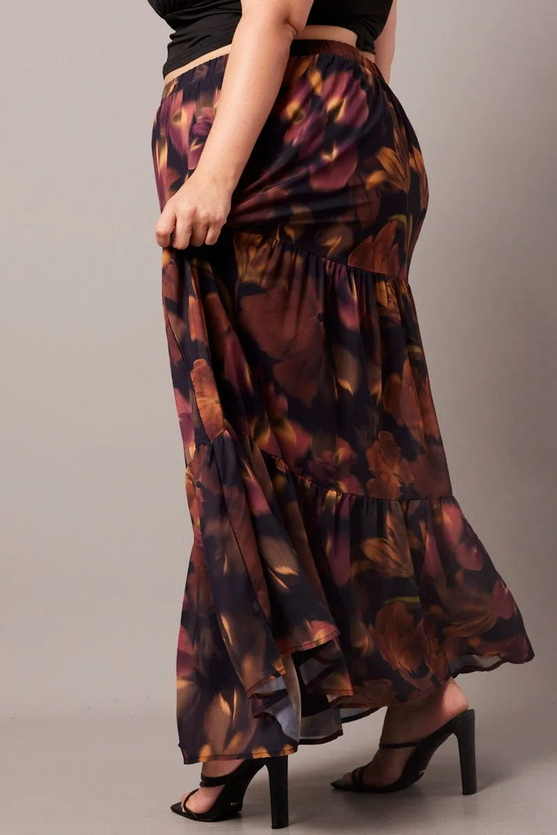 Black Floral Chiffon Elastic Waist Maxi Skirt