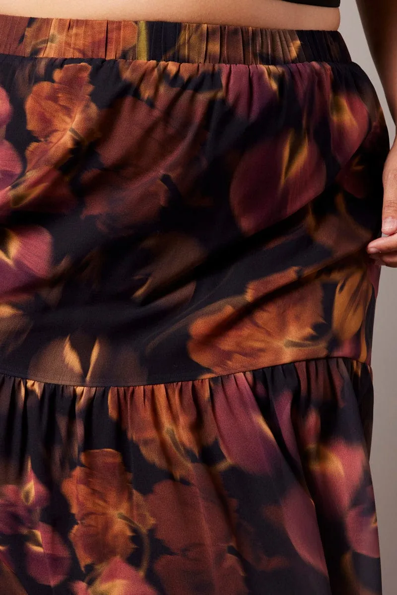 Black Floral Chiffon Elastic Waist Maxi Skirt