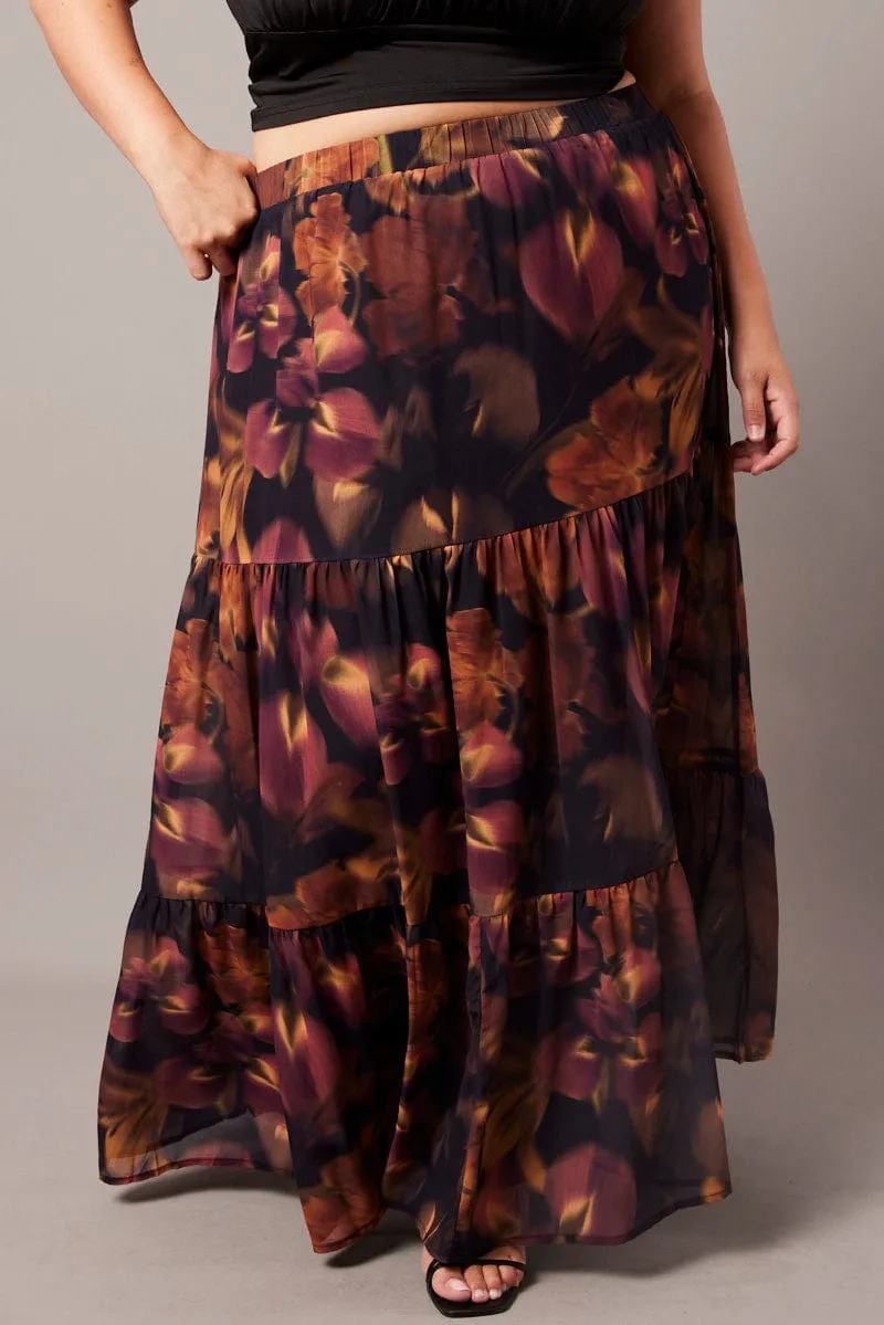 Black Floral Chiffon Elastic Waist Maxi Skirt