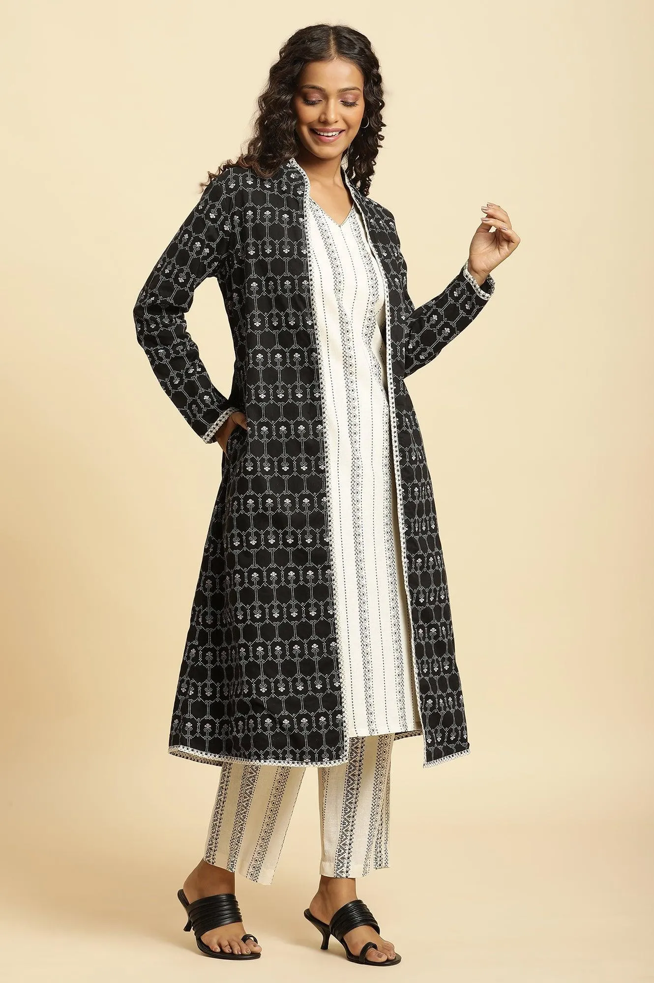 Black Reversible Front Open Jacket In White Print