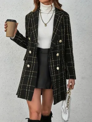Blazer voor dames - double-breasted, reverskraag, geruit patroon, lange mouwen