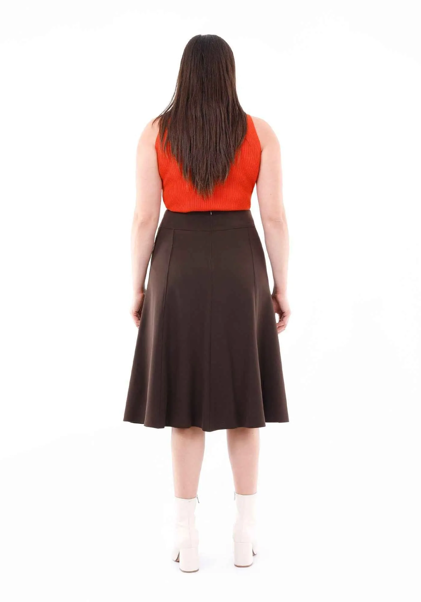 Brown Eight Gore Calf Length Midi Skirt For Every Occasion - G-Line