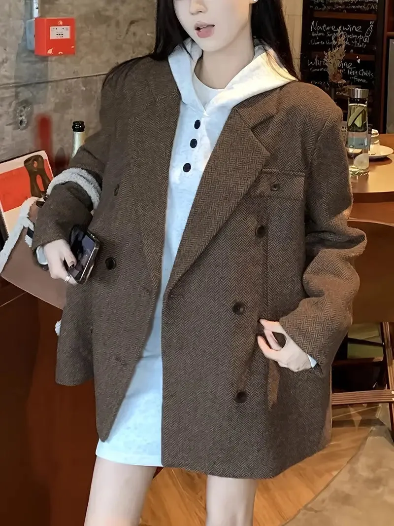Bruine winterblazer - vintage stijl, double-breasted, nonchalante pasvorm