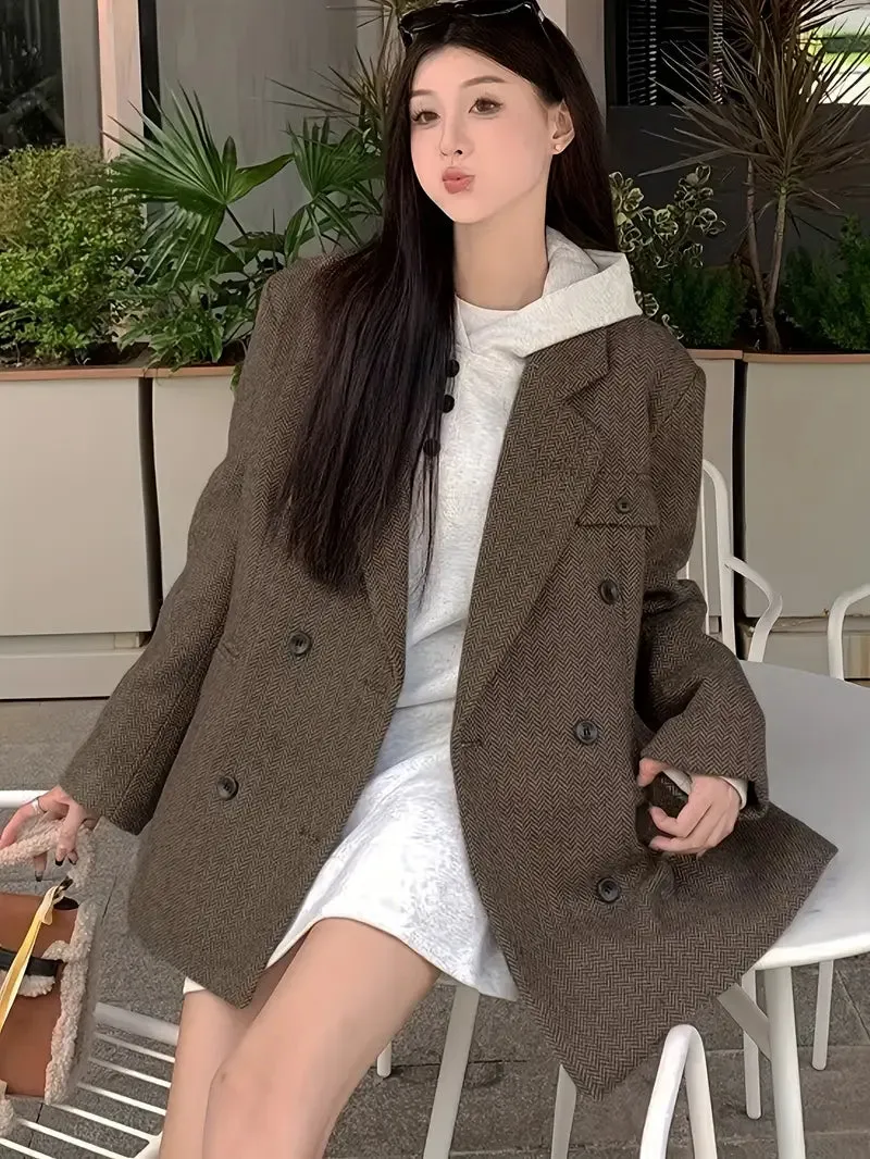Bruine winterblazer - vintage stijl, double-breasted, nonchalante pasvorm