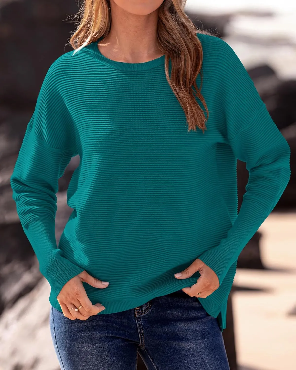 BTFBM Casual Women 2025 Fall Sweater Long Sleeve Ribbed Knit Pullover Loose Crewneck Batwing Split Sweater