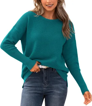 BTFBM Casual Women 2025 Fall Sweater Long Sleeve Ribbed Knit Pullover Loose Crewneck Batwing Split Sweater