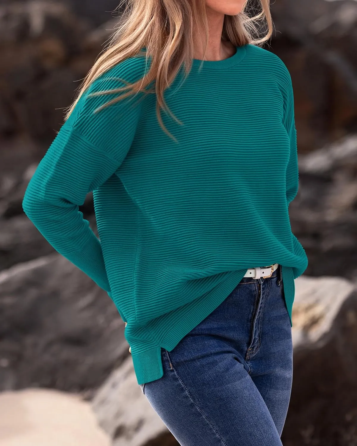 BTFBM Casual Women 2025 Fall Sweater Long Sleeve Ribbed Knit Pullover Loose Crewneck Batwing Split Sweater