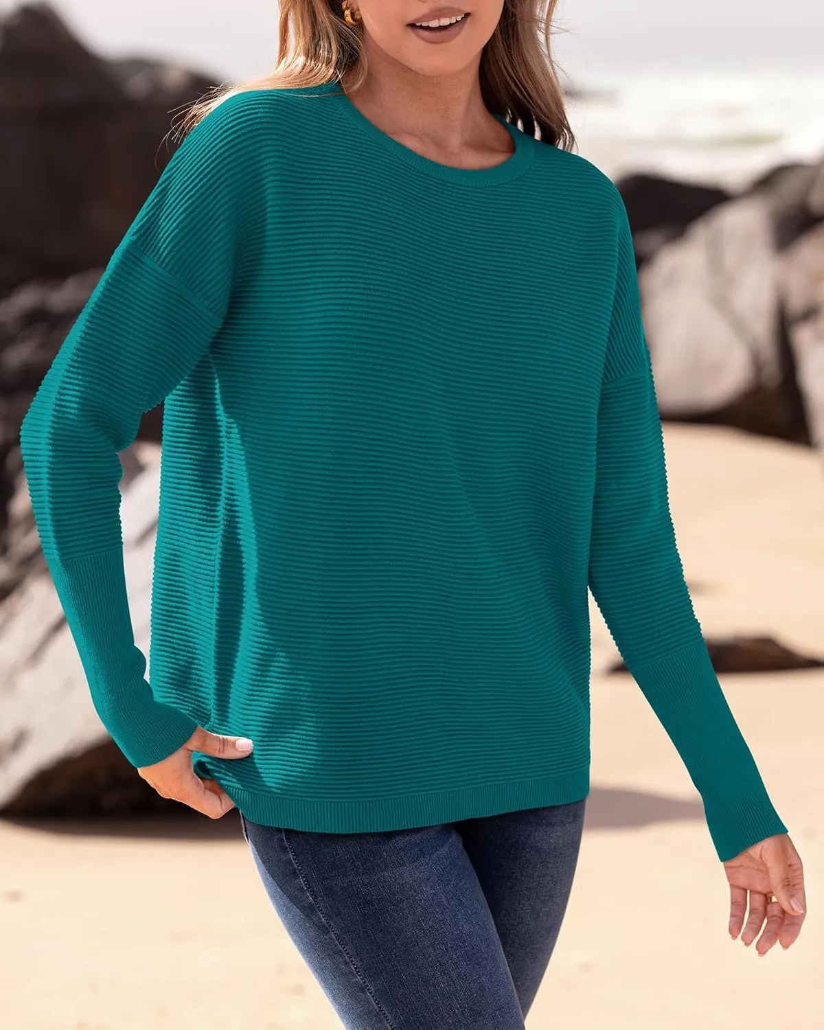 BTFBM Casual Women 2025 Fall Sweater Long Sleeve Ribbed Knit Pullover Loose Crewneck Batwing Split Sweater