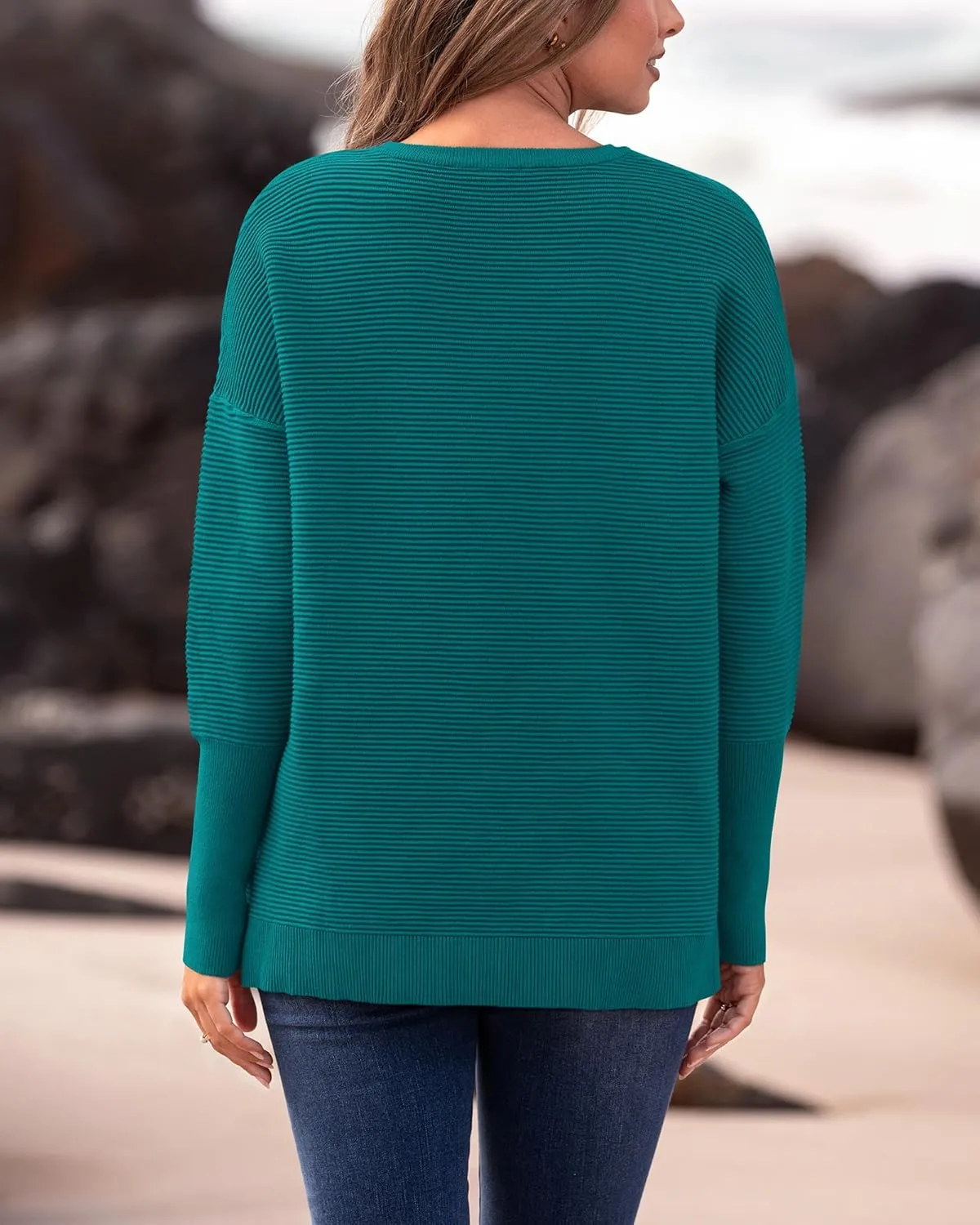 BTFBM Casual Women 2025 Fall Sweater Long Sleeve Ribbed Knit Pullover Loose Crewneck Batwing Split Sweater