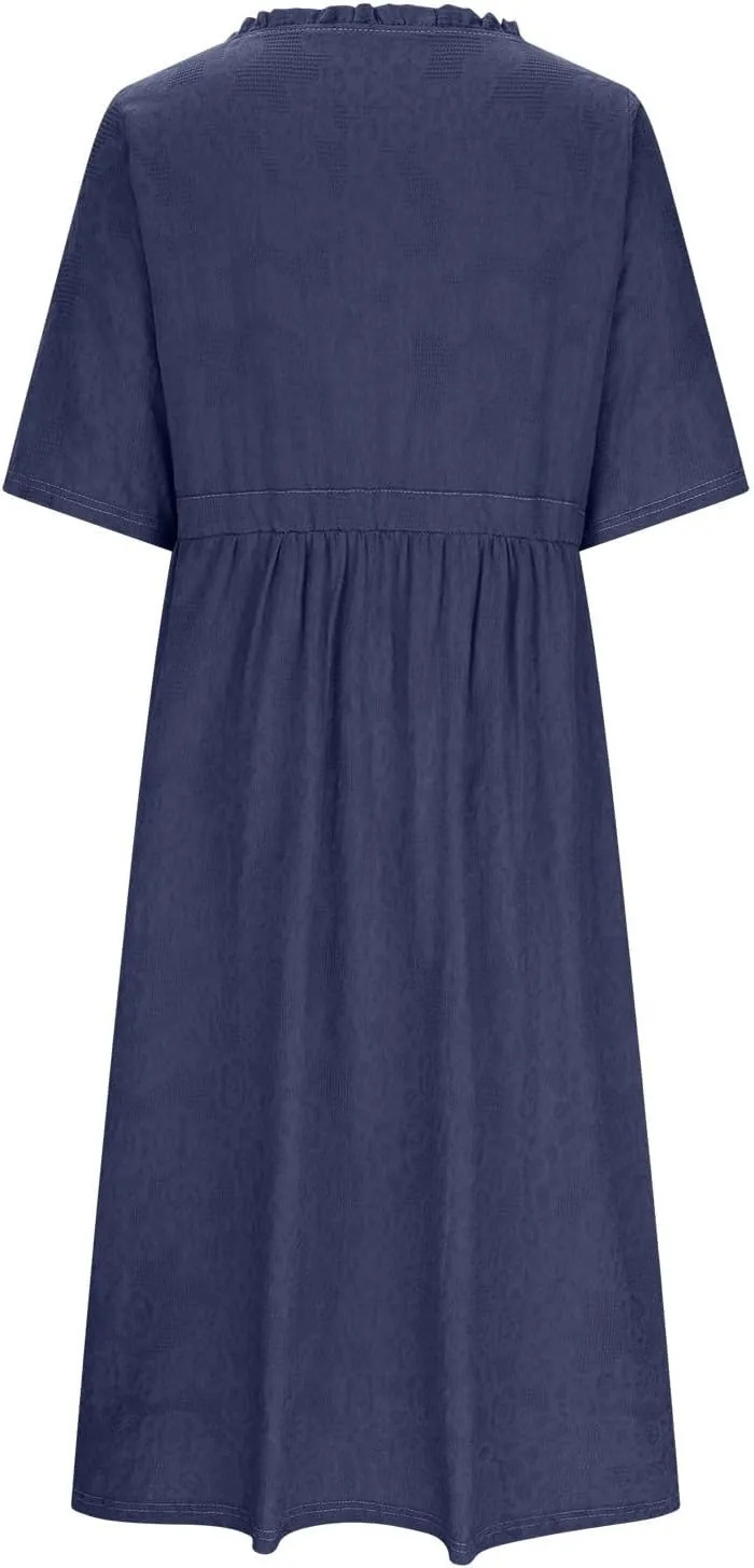 Casual Cotton Summer Dress Loose Short Sleeve V-Neck Button Sundress Fashion Solid Color Vacation Beach Dresses