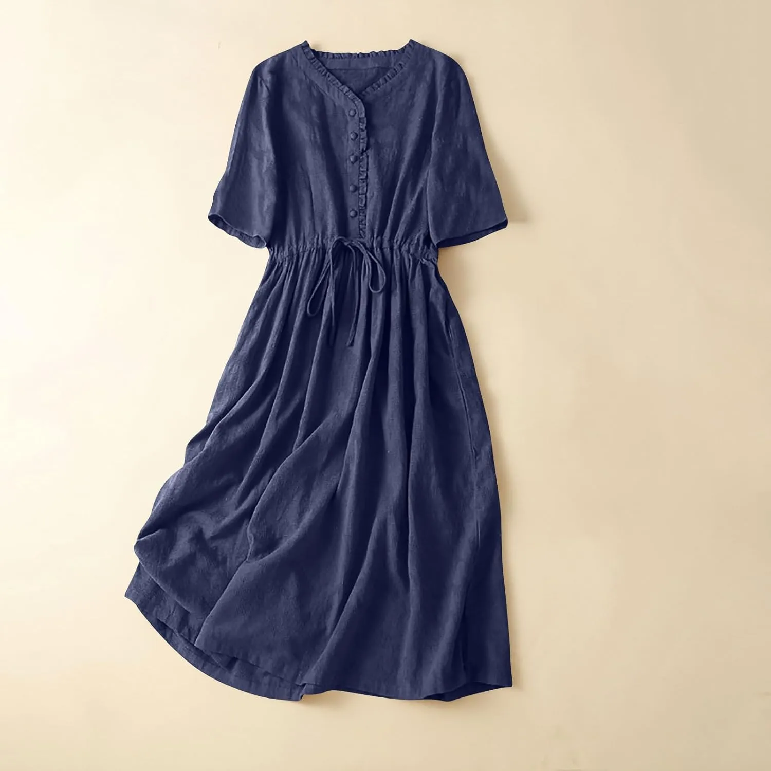 Casual Cotton Summer Dress Loose Short Sleeve V-Neck Button Sundress Fashion Solid Color Vacation Beach Dresses