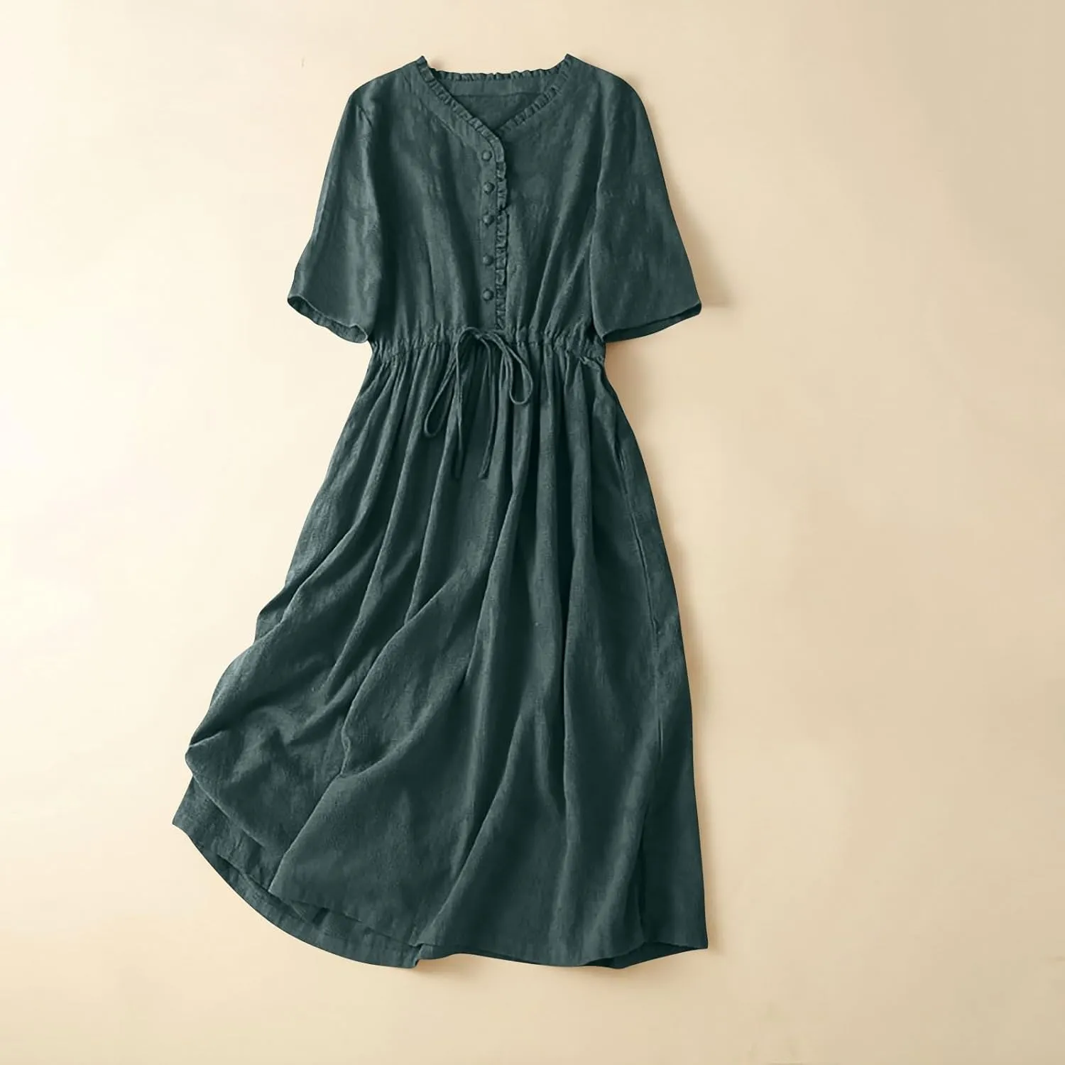 Casual Cotton Summer Dress Loose Short Sleeve V-Neck Button Sundress Fashion Solid Color Vacation Beach Dresses