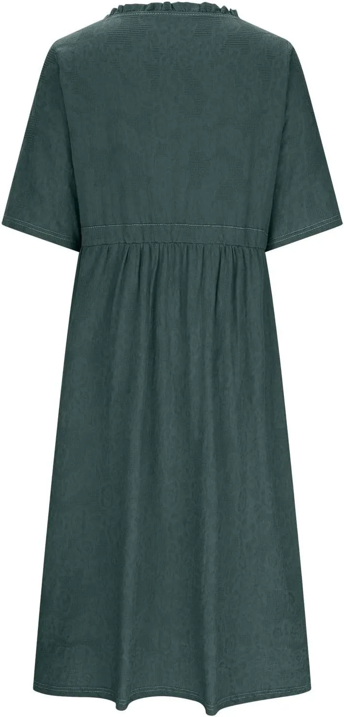 Casual Cotton Summer Dress Loose Short Sleeve V-Neck Button Sundress Fashion Solid Color Vacation Beach Dresses