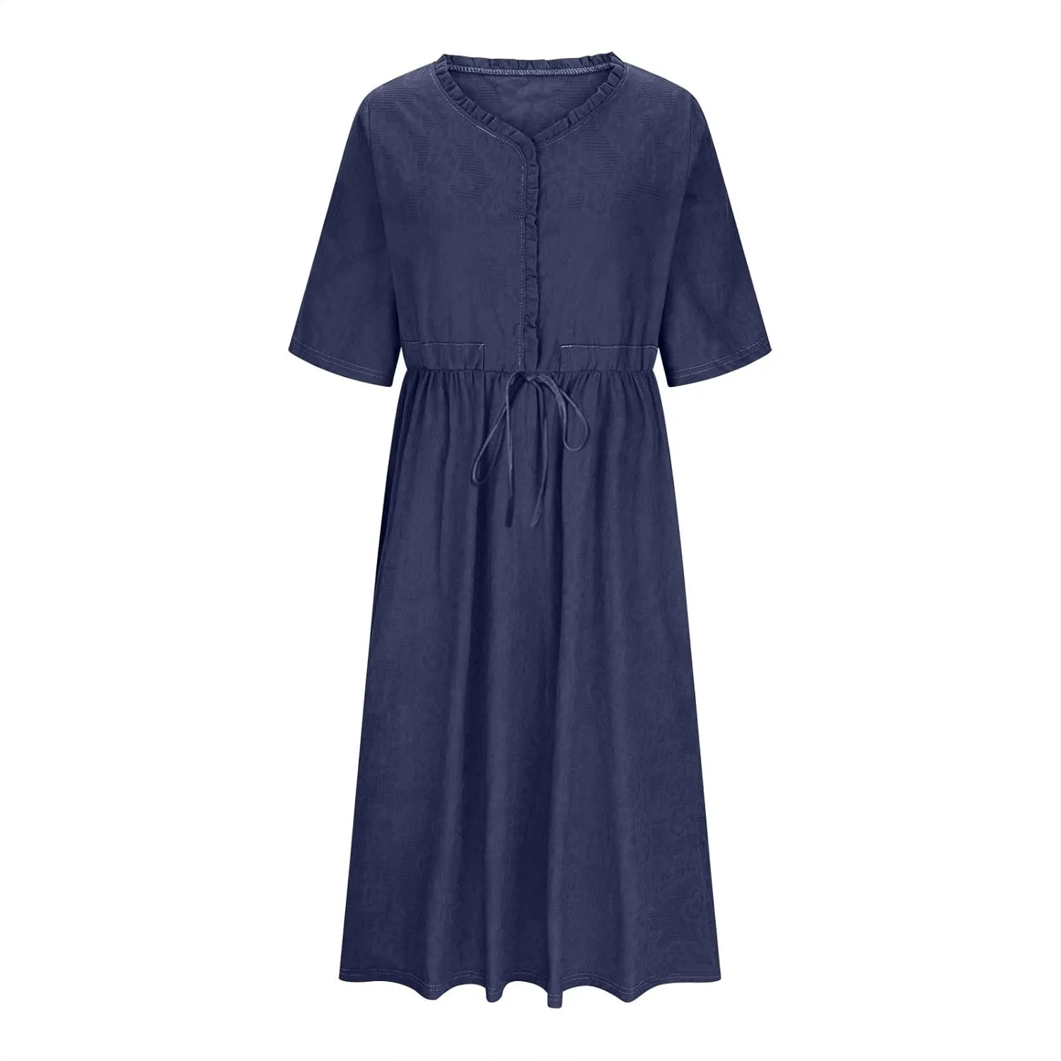Casual Cotton Summer Dress Loose Short Sleeve V-Neck Button Sundress Fashion Solid Color Vacation Beach Dresses