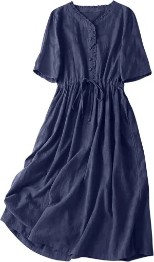 Casual Cotton Summer Dress Loose Short Sleeve V-Neck Button Sundress Fashion Solid Color Vacation Beach Dresses