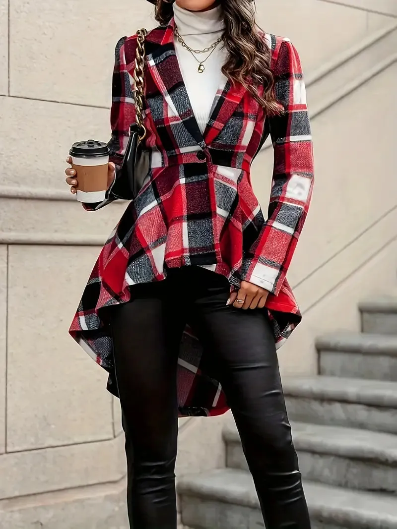 Casual winterblazer - geruit patroon, reverskraag, colour block