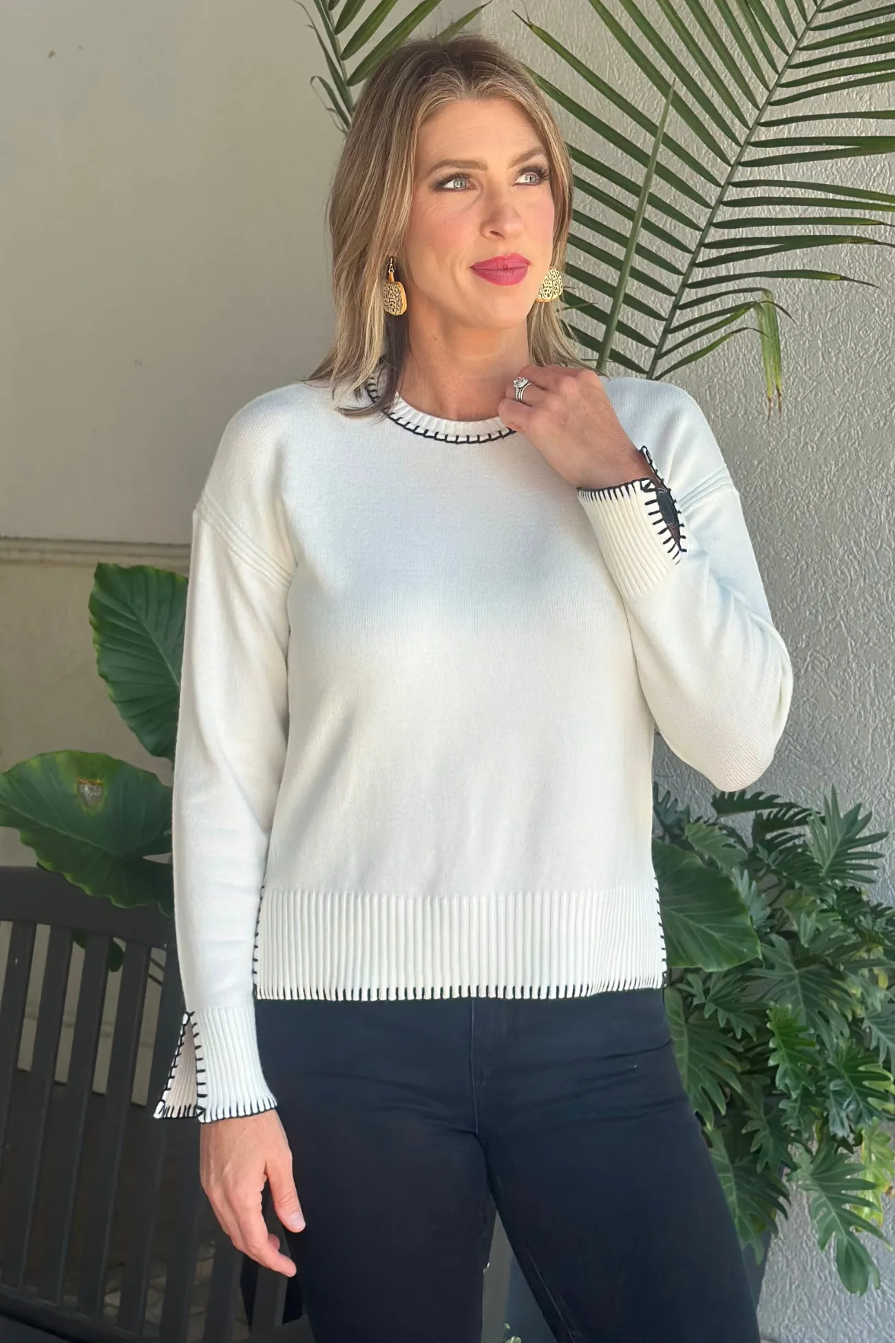 Charlie B Cream Blanket Stitch Sweater