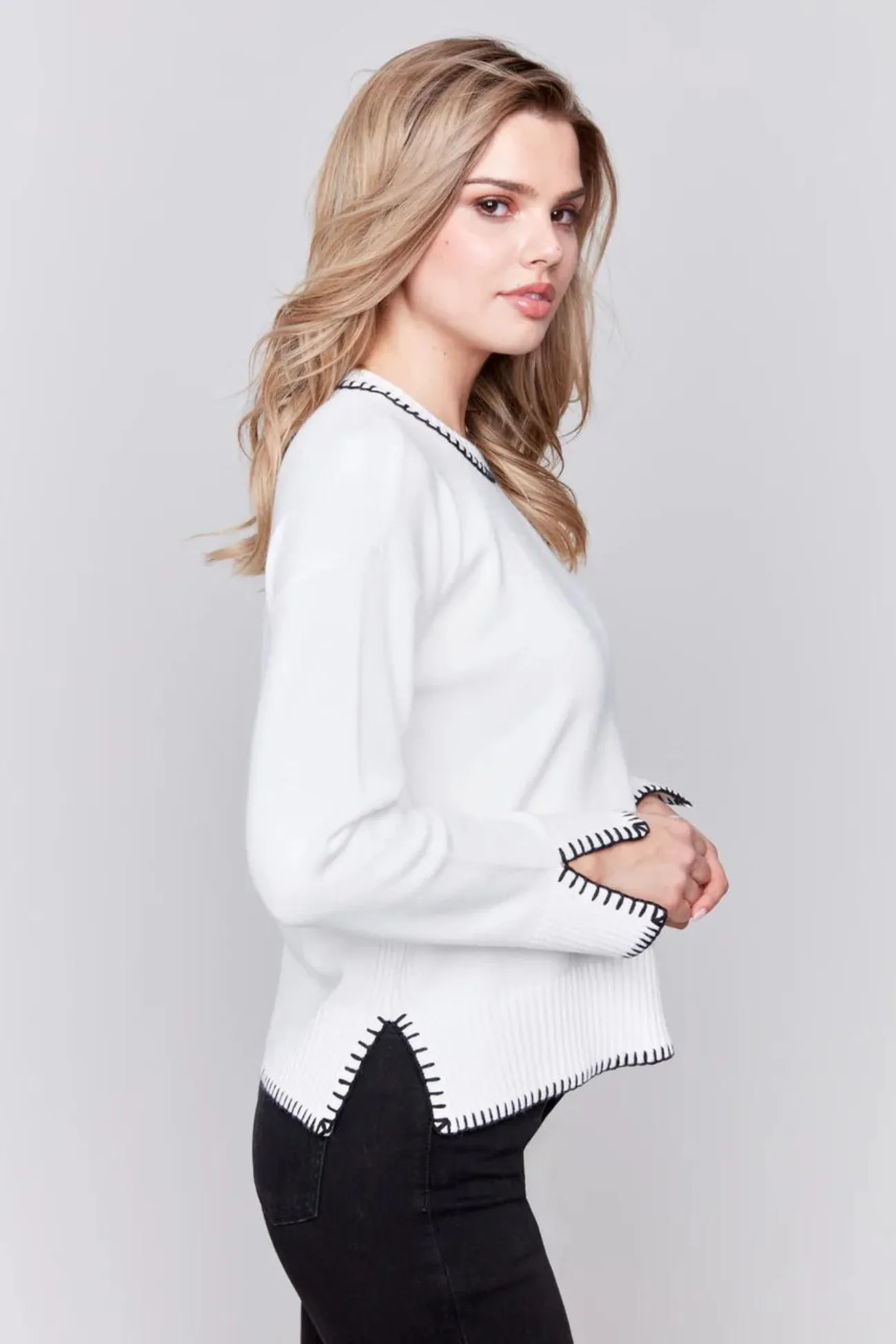Charlie B Cream Blanket Stitch Sweater