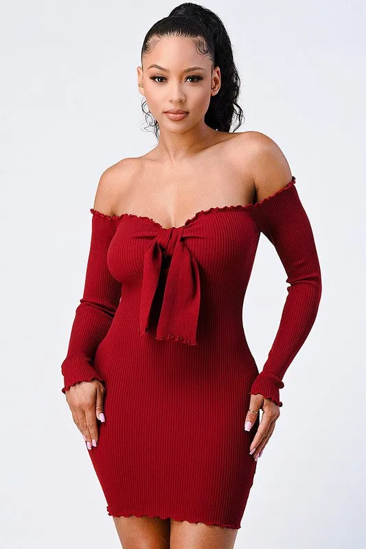 CHIC N COMFY RIB KNIT OFF SHOULDER FRONT-TIE DRESS