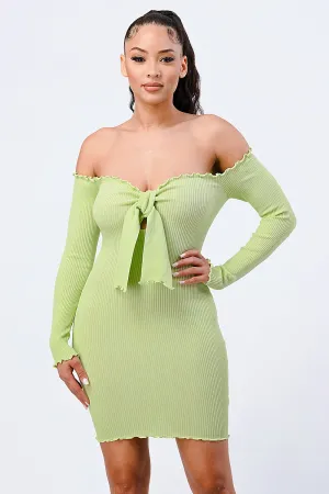 CHIC N COMFY RIB KNIT OFF SHOULDER FRONT-TIE DRESS