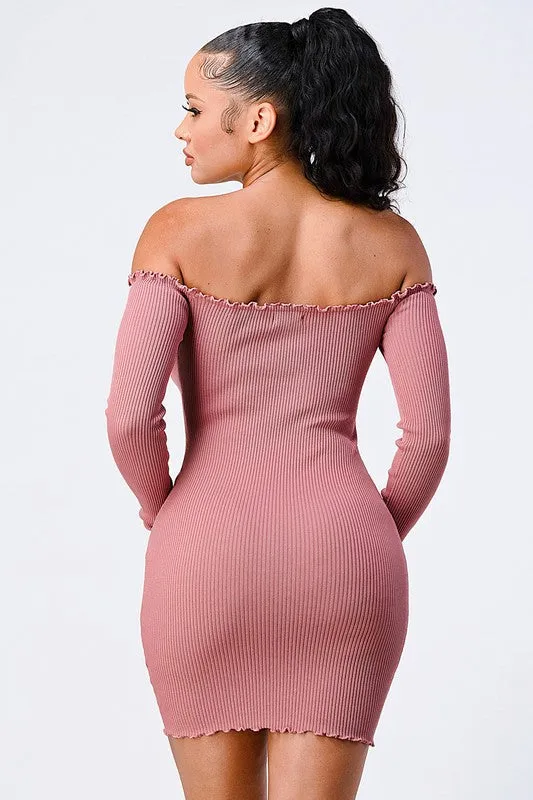 CHIC N COMFY RIB KNIT OFF SHOULDER FRONT-TIE DRESS
