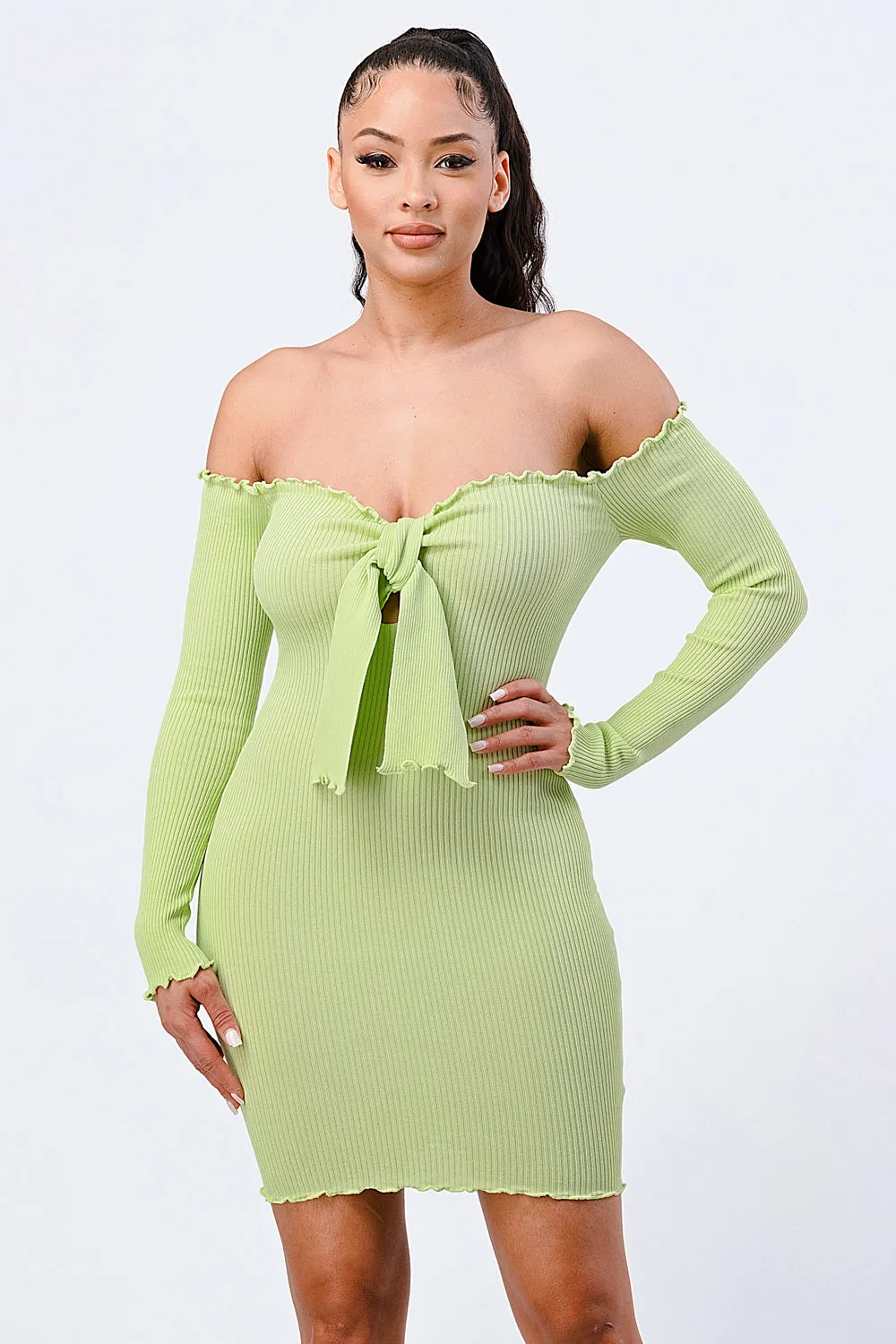 CHIC N COMFY RIB KNIT OFF SHOULDER FRONT-TIE DRESS