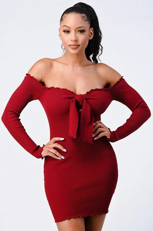 CHIC N COMFY RIB KNIT OFF SHOULDER FRONT-TIE DRESS